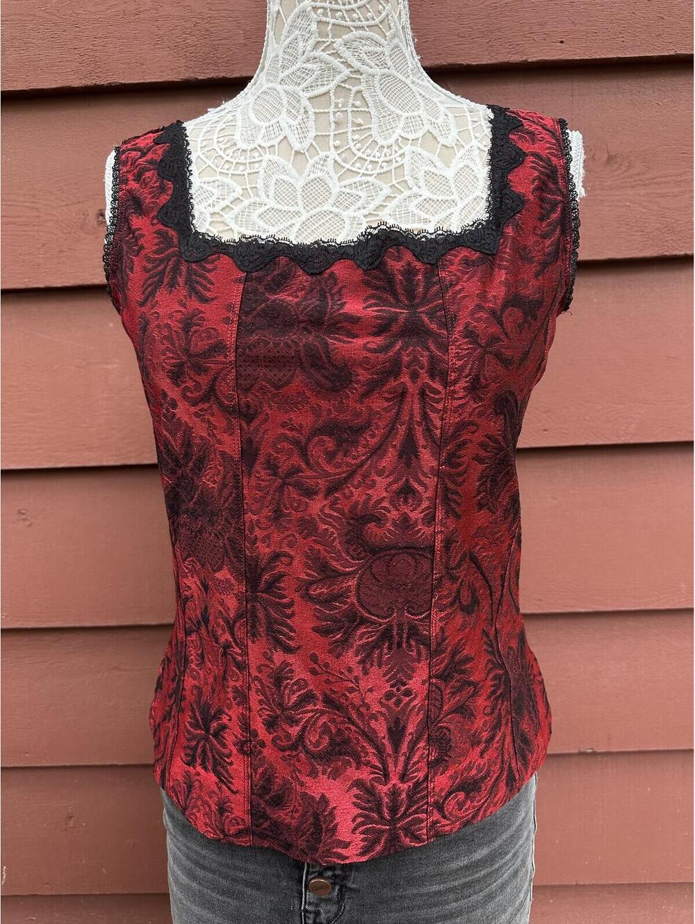 Coldwater Creek Red Brocade Sleeveless Top with Black Lace Trim
